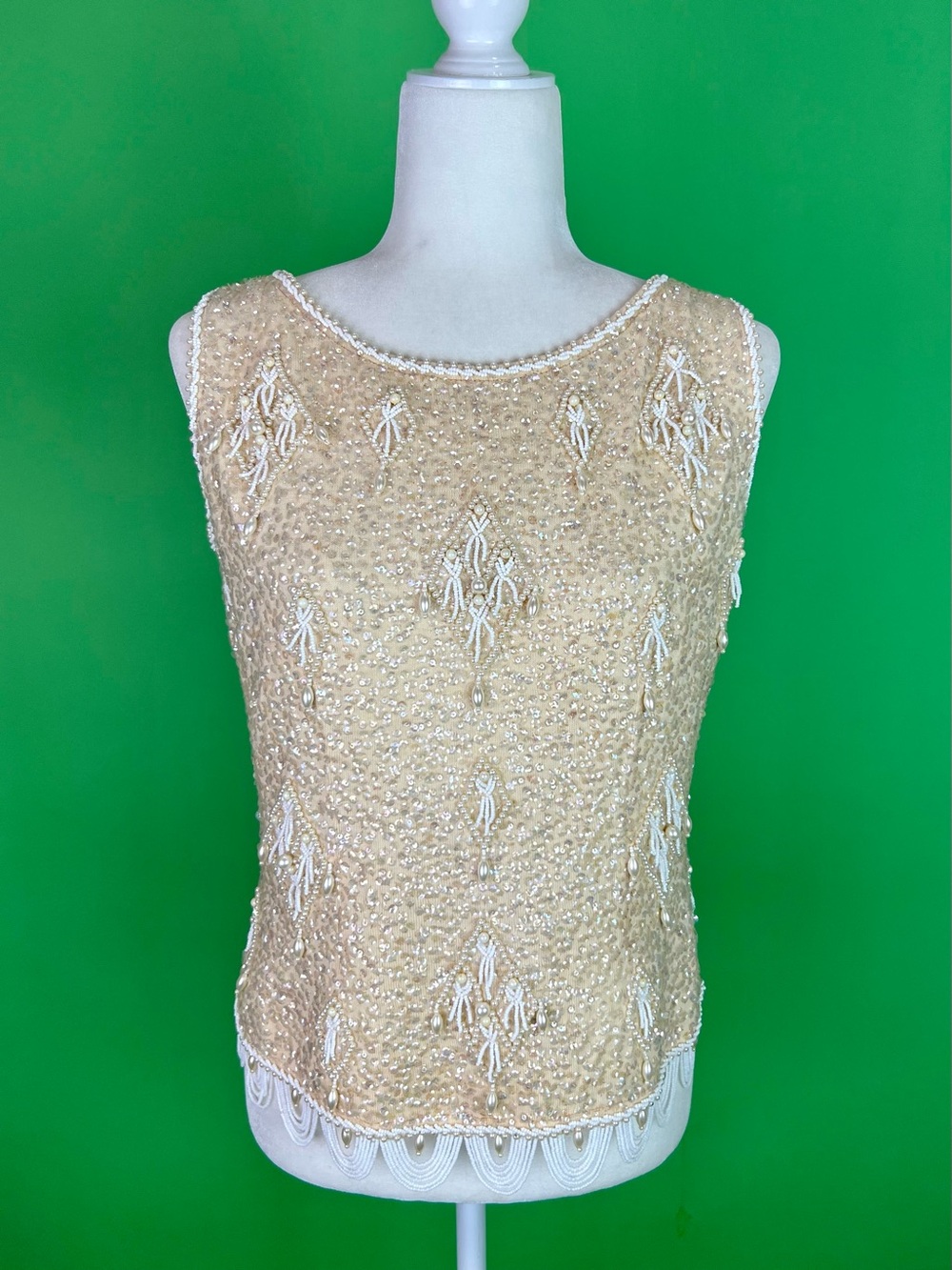 Vintage 1960s Ivory Sequined Beaded Wool Knit Top Size Medium